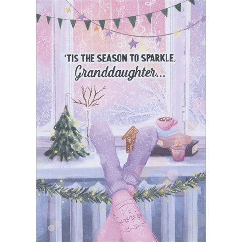 Girl's Feet in Purple Socks on Holiday Decorated Windowsill Christmas Card for Teen : Teenage Granddaughter: 'Tis the season to sparkle, Granddaughter…