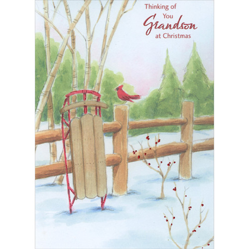 Sled with Red Rails Leaning Against Wooden Fence and Cardinal Christmas Card for Grandson: Thinking of you Grandson at Christmas