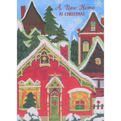 Sparkling Snow Covered Red House with Green Door Die Cut New Home Christmas Card: A New Home at Christmas