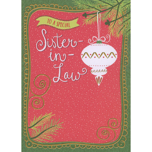 Single White Finial Ornament Hanging from Pine Branch on Red and White Polka Dot Christmas Card for Sister-in-Law: To a Special Sister-in-Law