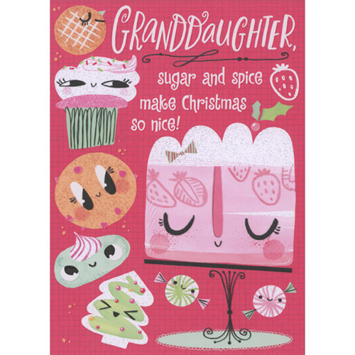 Sugar and Spice: Holiday Baked Goods with Cute Faces on Pink Juvenile Christmas Card with Stickers for Granddaughter: Granddaughter, sugar and spice make Christmas so nice!