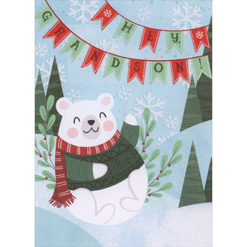 Waving White Polar Bear in Green Sweater Playing in Snow Juvenile Christmas Card for Grandson: Hey, Grandson!