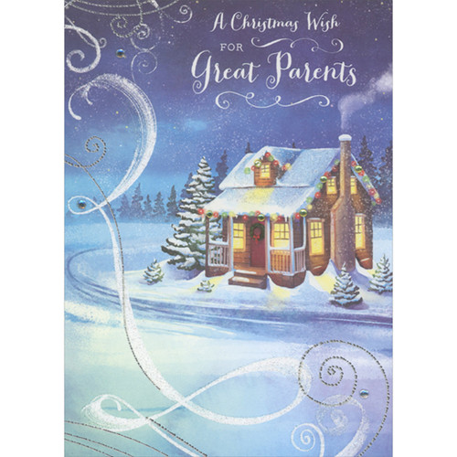 Snowy Wind Swirling Around Warmly Lit Small Wood Cabin, Silver Foil and Gems 3D Hand Decorated Christmas Card for Parents: A Christmas Wish for Great Parents
