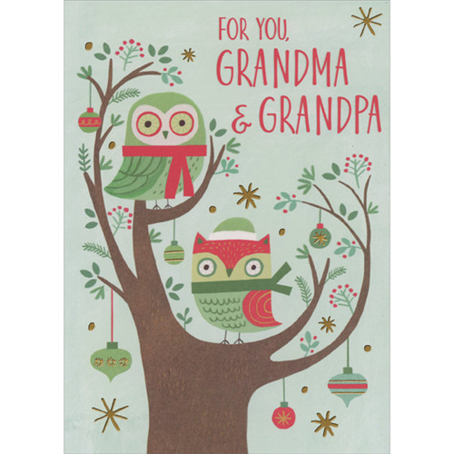 Two Wide Eyed Owls with Red and Green Scarves in Tree with Wide Trunk Juvenile Christmas Card for Grandma and Grandpa: For You, Grandma and Grandpa