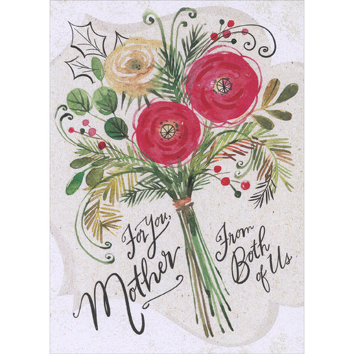Bouquet of Two Abstract Red Flowers and One Yellow Flower with Sparkling Border Christmas Card for Mother from Both of Us: For You, Mother From Both of Us
