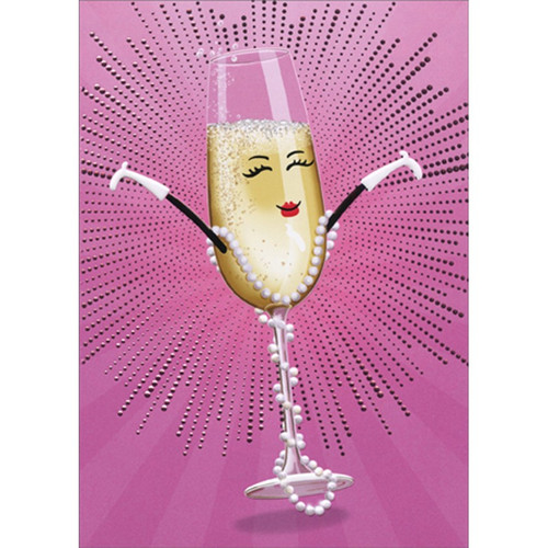 Champagne Glass Girl on Pink A-Press Feminine Birthday Card for Woman : Her