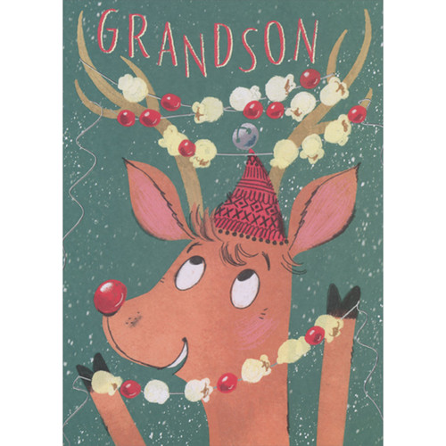 Reindeer Looking Up at Popcorn and Cranberries Garland on Antlers Juvenile Christmas Card for Grandson: Grandson