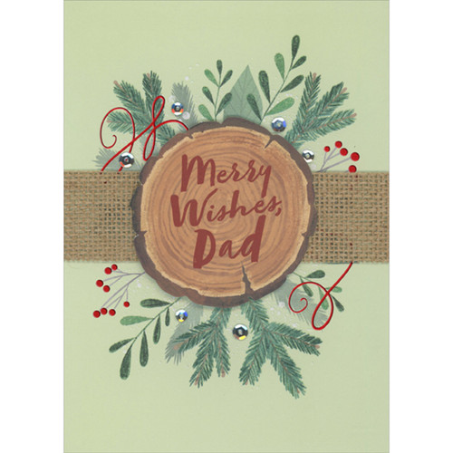 Wide Brown Mesh Ribbon and 3D Tree Stump Over Pine Needles on Light Green Hand Decorated Christmas Card for Dad from Daughter: Merry Wishes, Dad