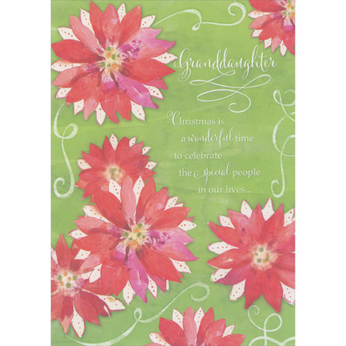 Wonderful Time to Celebrate: Pink and Red Flowers and White Swirls on Light Green Christmas Card for Granddaughter: Granddaughter - Christmas is a wonderful time to celebrate the special people in our lives…