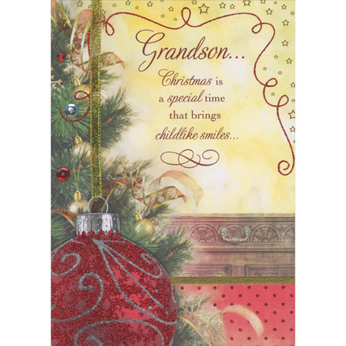 Brings Childlike Smiles: 3D Sparkling Red Ornament on Gold Ribbon Hand Decorated Christmas Card for Grandson: Grandson… Christmas is a special time that brings childlike smiles…