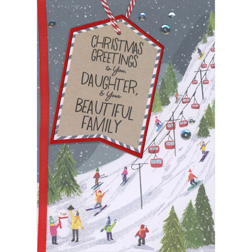 Vertical Red Ribbon, 3D Die Cut Tag Shaped Banner with Red and White String Over Ski Slope Christmas Card for Daughter and Family: Christmas Greetings to You, Daughter, and Your Beautiful Family