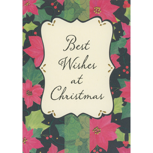 Best Wishes Curving Banner with Gold Foil Accents, Large Pink Poinsettias and Green Leaves on Black Christmas Card: Best Wishes at Christmas