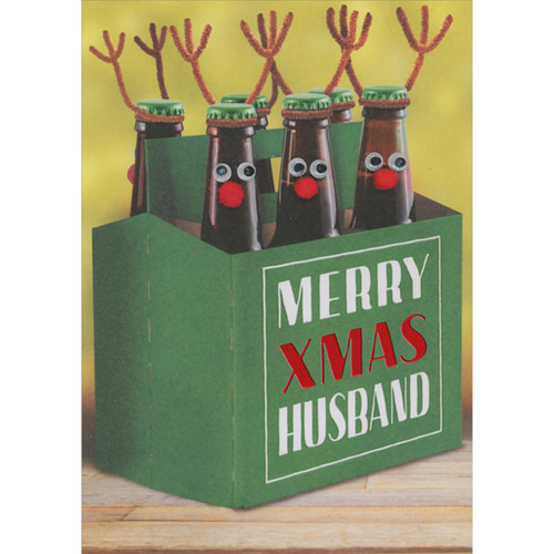 Beer Bottles with Googly Eyes, Red Pom Pom Noses and Pipe Cleaner Antlers Funny Christmas Card for Husband with Sliding Interactive Panel: Merry XMAS Husband