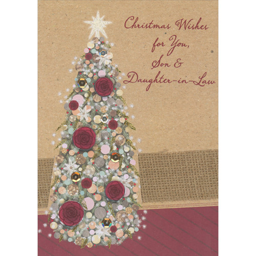 Four 3D Die Cut Red Flowers on Tall Tree, Sequins and Foil Branches Over Wide Brown Ribbon Hand Decorated Christmas Card for Son and Daughter-in-Law: Christmas Wishes for You, Son and Daughter-in-Law