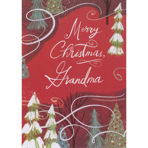 Swirling White Glitter Lines and Tall Sparkling Snow Covered Trees on Dark Red Christmas Card for Grandma and Grandpa: Merry Christmas, Grandma