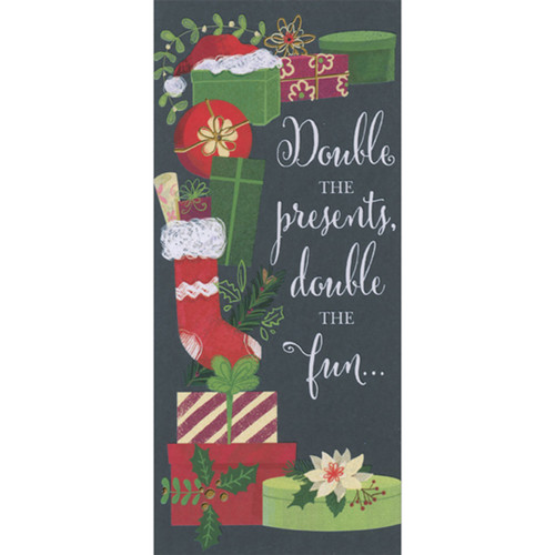 Double the Presents, Double the Fun: Gifts and Stocking on Dark Background Money Holder / Gift Card Holder Birthday Christmas Card: Double the presents, double the fun…