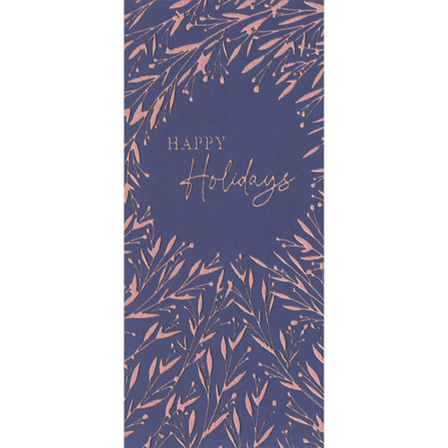 Happy Holidays Bronze Foil Lettering and Holly Vines on Dark Purple Background Holiday Money Holder / Gift Card Holder Card: Happy Holidays
