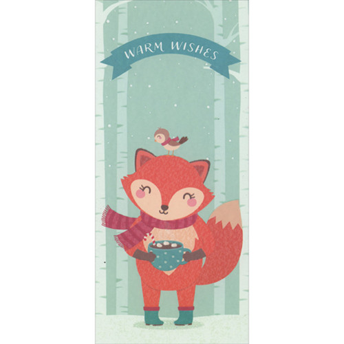 Bird Perched on Fox Drinking Blue Cup of Hot Chocolate and Marshmallows Money Holder / Gift Card Holder Christmas Card for Kids: Warm Wishes