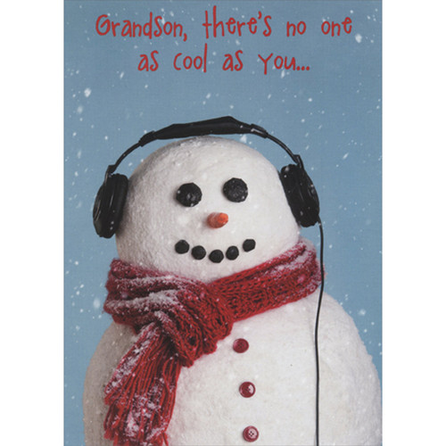 Smiling Snowman Wearing Headphones Christmas Card for Grandson: Grandson, there’s no one as cool as you…