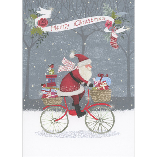 Santa Riding Bike with Baskets Filled with Presents Christmas Card: Merry Christmas