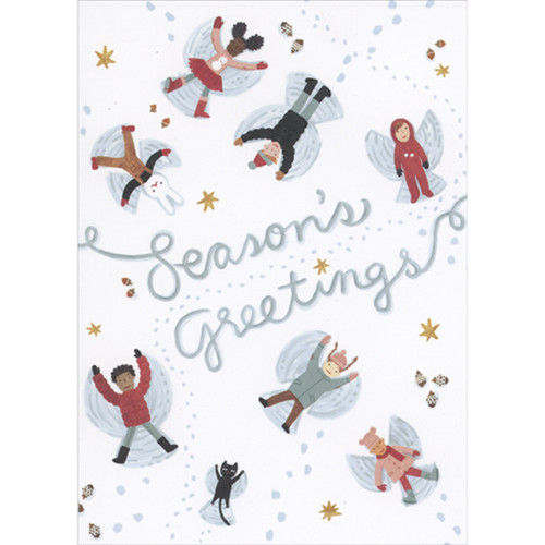 Season's Greetings: Children, Rabbit and Cat Making Snow Angels Holiday Card: Season's Greetings