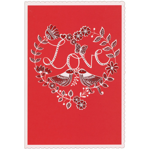Love Birds on Heart Shaped White Stems with Foil Flowers Valentine's Day Card: Love