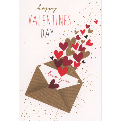 Envelope and Floating Red, Brown and Gold Glitter Hearts Valentine's Day Card: happy Valentine's Day