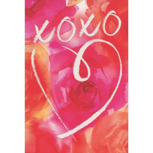 Sparkling White XOXO and Heart Over Watercolor Flowers Valentine's Day Card: XOXO