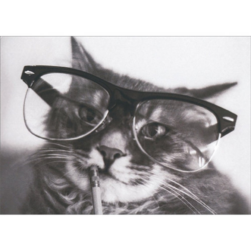 Thinking Cat : Glasses and Pencil Blank Note Card