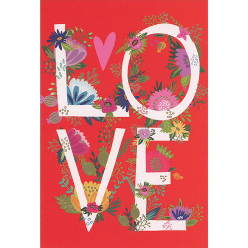 Colorful Flowers Growing Around White 'Love' Letters on Red Valentine's Day Card: LOVE