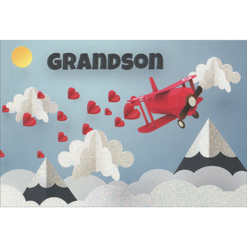 Propeller Plane, Red Hearts and Sparkling Clouds and Mountains Valentine's Day Card for Grandson: Grandson