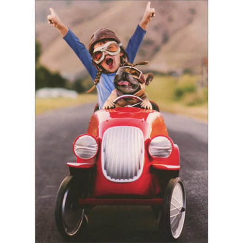 Girl with Raised Arms and Dog Driving Red Go Cart Graduation Card