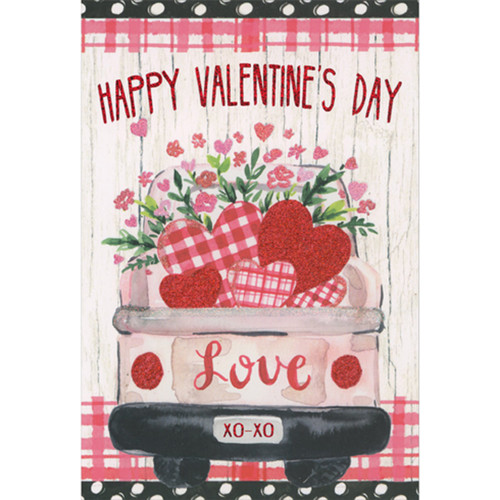 Pickup Truck with Hearts and Flowers in Bed and Love Tailgate Valentine's Day Card: Happy Valentine's Day - Love - XOXO