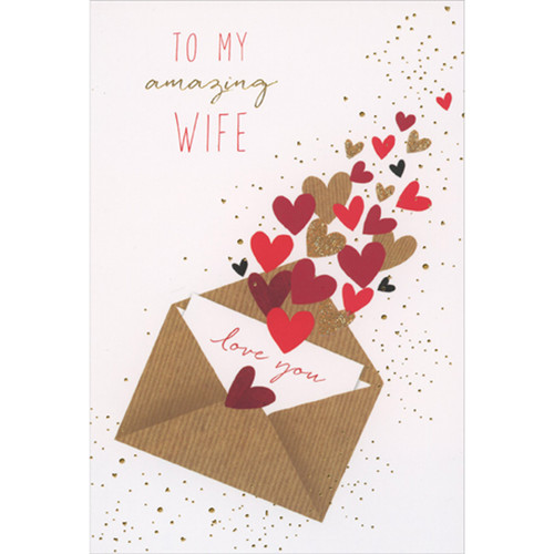 To My Amazing Wife: Envelope and Floating Red, Brown and Gold Glitter Hearts Valentine's Day Card: To My Amazing Wife - love you