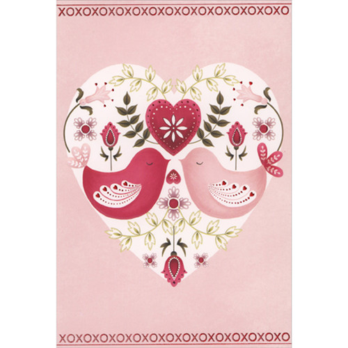 Kissing Birds, Heart, Flowers and Vines Inside White Heart Romantic Valentine's Day Card