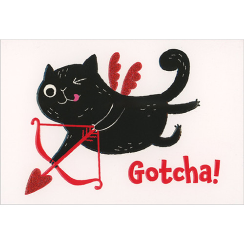 Gotcha: Black Cupid Cat with Red Glitter Wings Valentine's Day Card for the Man I Love: Gotcha!