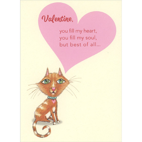 Cat with Pink Heart Shaped Talk Bubble: You Fill My Heart Funny Valentine's Day Card from Cat: Valentine, you fill my heart, you fill my soul, but best of all…