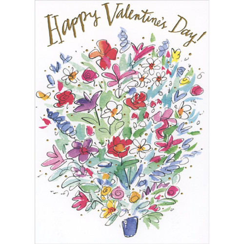 Bouquet of Multi-Colored Flowers in Blue Vase on White Valentine's Day Card: Happy Valentine's Day!