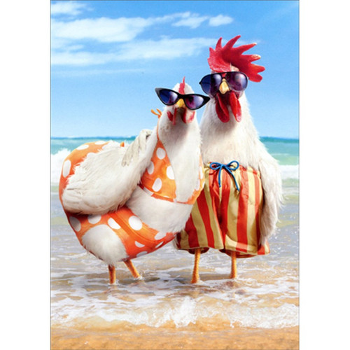 Chicken Couple on Beach Humorous : Funny Wedding Anniversary Card for Couple