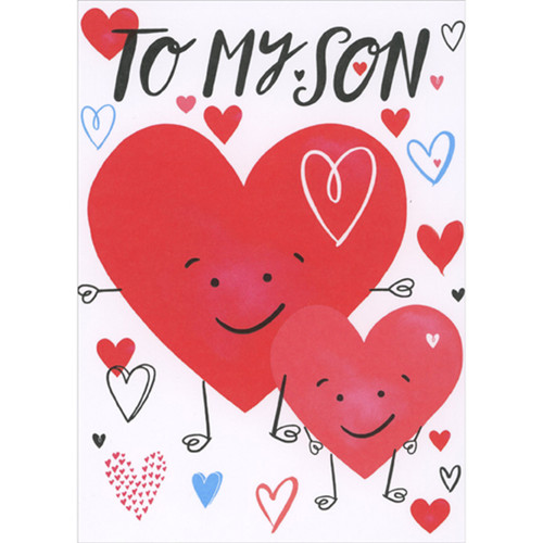 Red and Pink Hearts with Smiley Faces, Arms and Legs Valentine's Day Card for Young Son: To My Son