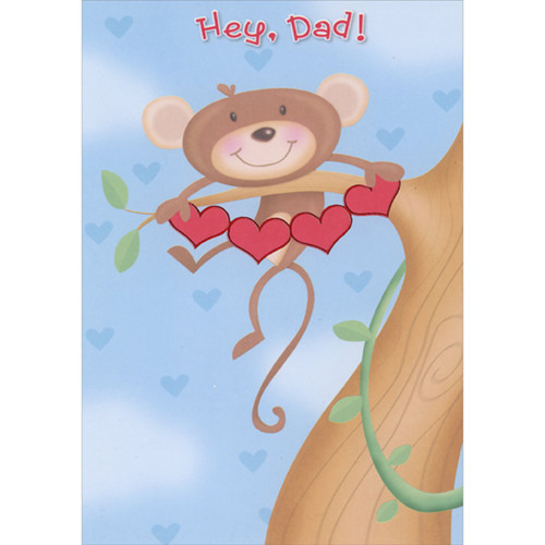 Hey Dad: Cute Monkey on Tree Branch Holding Four Hearts Juvenile Valentine's Day Card: Hey, Dad!