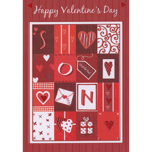 Sixteen Panels of Hearts and Symbols on Dark Red with Vertical Stripes Valentine's Day Card for Son: Happy Valentine's Day Son