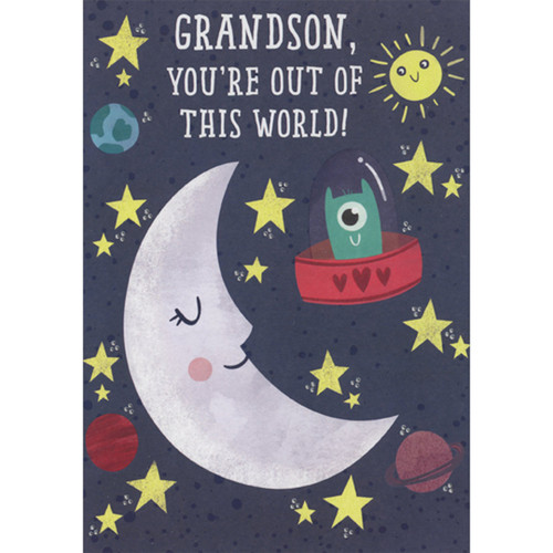 Grandson, You're Out of This World: Crescent Moon and Cute Alien in Spaceship Juvenile Valentine's Day Card: Grandson, You're Out of This World!