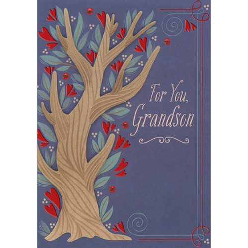 Light Brown Twisting 3D Die Cut Tree, Red Foil Leaves and Gems on Dark Blue Hand Decorated Valentine's Day Card for Grandson: For You, Grandson