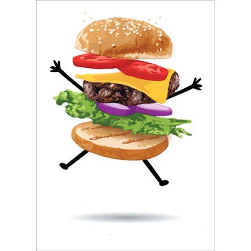 Jumping Cheeseburger A-Press Humorous : Funny Birthday Card