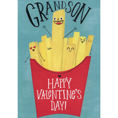 Smiley Faced French Fries in Red Container on Blue Background Juvenile Valentine's Day Card for Grandson: Grandson - Happy Valentine's Day!