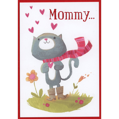 Cute Gray Kitten Wearing Brown Boots and Pink Scarf Juvenile Valentine's Day Card for Mommy: Mommy…