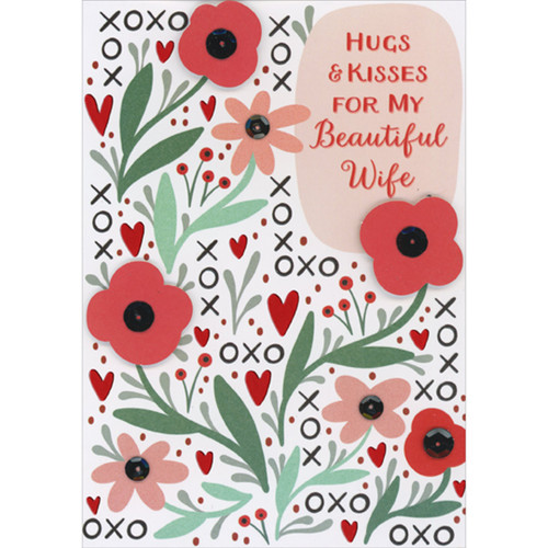 Hugs and Kisses for My Beautiful Wife: Die Cut 3D Red Flowers with Black Sequins Hand Decorated Valentine's Day Card: Hugs and Kisses For My Beautiful Wife