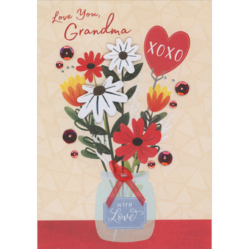 White 3D Die Cut Daisies, Red Sequins, Red Bow Over Glass Jar with Flowers Hand Decorated Valentine's Day Card for Grandma: Love You, Grandma - XOXO - With Love