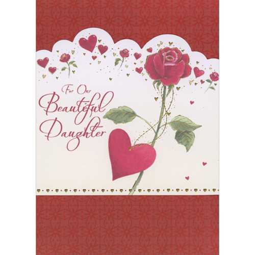 Pink Flowers and Hearts on Scalloped Edge Die Cut Banner and Heart Shaped Tag Valentine's Day Card for Our Daughter: For Our Beautiful Daughter